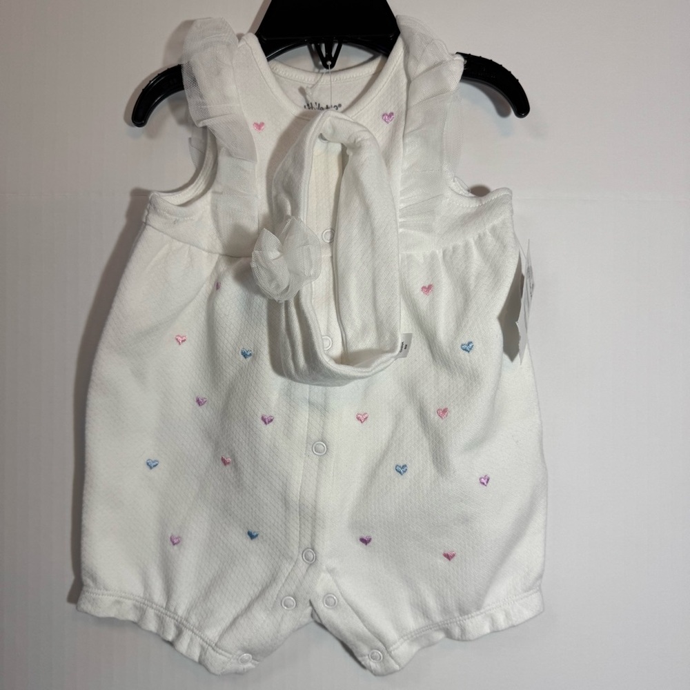 Little Me Hearts Embroidered Cotton Romper & Headband Set Size 6M NWT